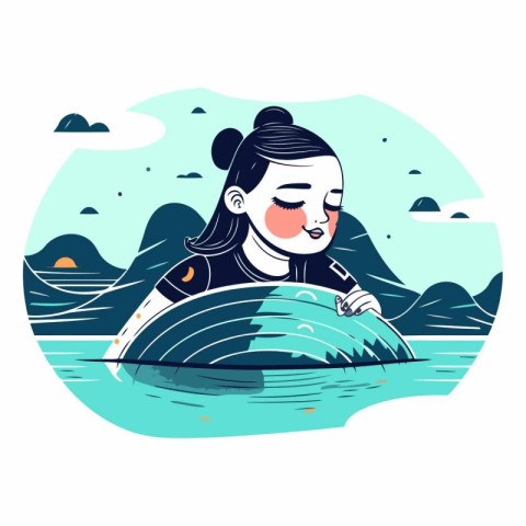 Woman swimming in the sea in a flat style.