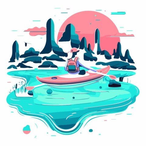 Kayaking in the water in flat cartoon style.