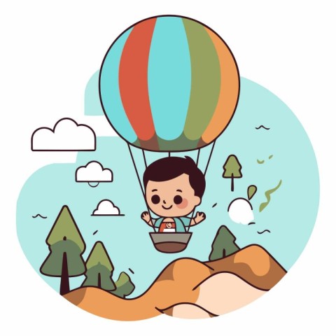 Cute little boy flying in hot air balloon.