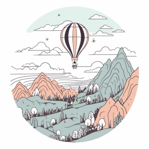 Hot air balloon flying over the mountains. Hand drawn vector ill