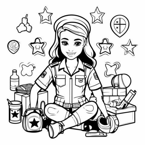 Black and White Cartoon Illustration of a Female Police Officer