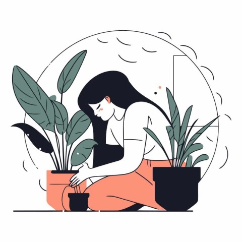 Girl sitting at the table and taking care of plants. Flat vector