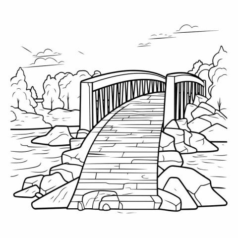 Bridge over the river. Hand drawn vector illustration in cartoon