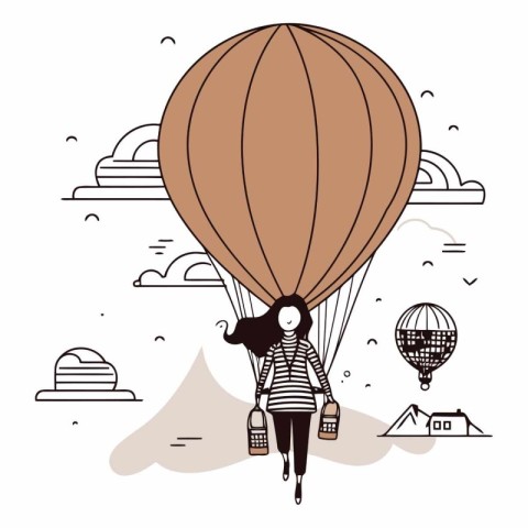 woman with hot air balloon travel vector illustration graphic de