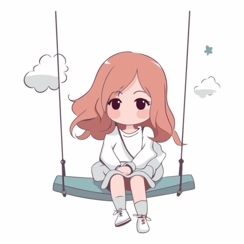 Cute little girl on a swing in cartoon style.