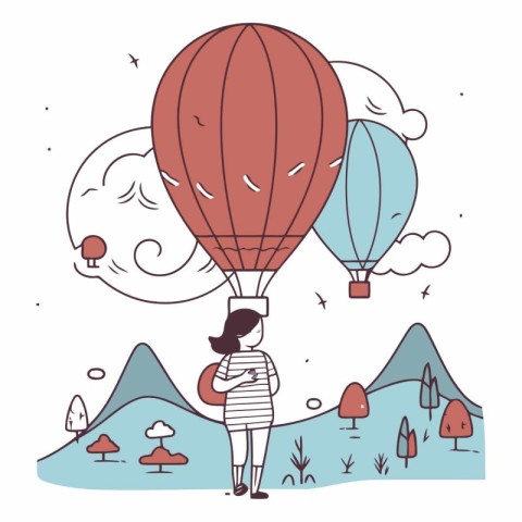 Girl with hot air balloon in the park in linear style