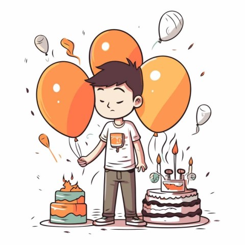 Cute boy with birthday cake and balloons. Vector cartoon illustr