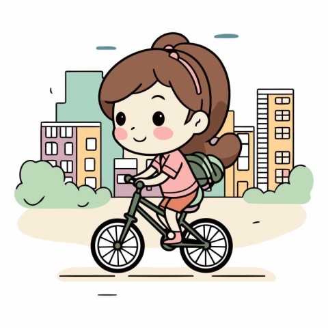 Cute little girl riding bicycle in the city.