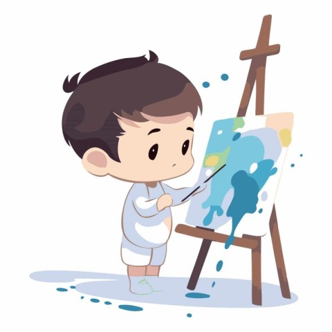 Cute little boy painting on easel. Vector cartoon illustration.