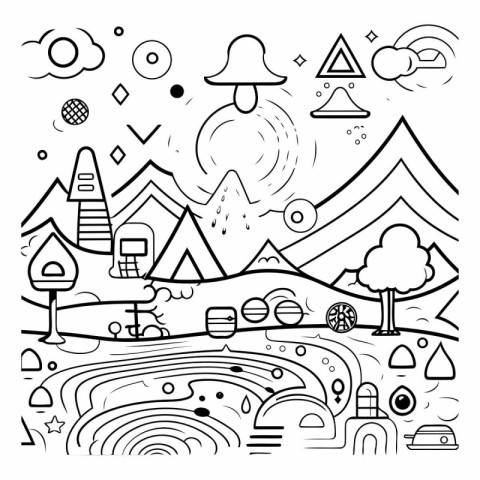 Line art vector illustration of mountain landscape. Linear art d