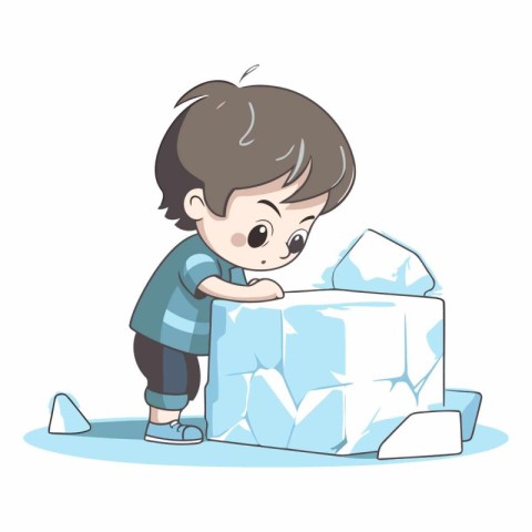 Cute little boy playing with ice cube. Vector cartoon illustrati