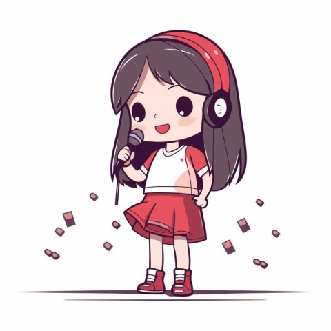 Cute little girl singing karaoke with headphones.