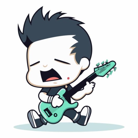 Guitar player cartoon character vector illustration. Cute cartoo