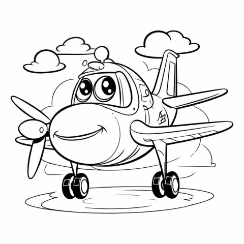 Black and White Cartoon Illustration of Cute Little Airplane Cha