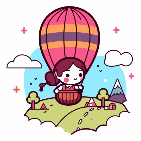 Cute little girl flying on hot air balloon.