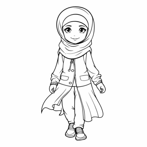 Cute cartoon muslim girl for coloring book.