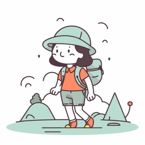 Girl hiking in mountains in a flat cartoon style.