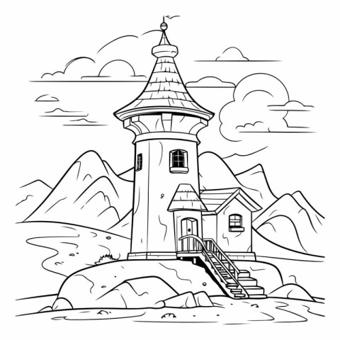 Lighthouse in the mountains. Black and white vector illustration