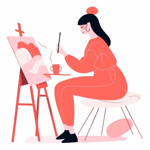 Young woman drawing a picture on easel. Flat vector illustration