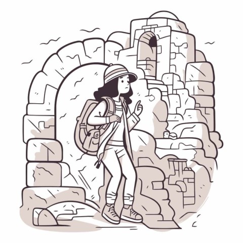 Tourist girl with backpack in the ancient city.