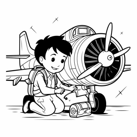 Boy with a camera and airplane in cartoon style.