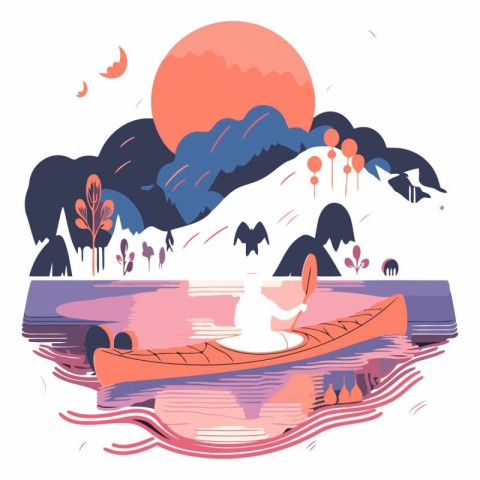 Vector illustration of a man rowing a canoe in the river. Flat s