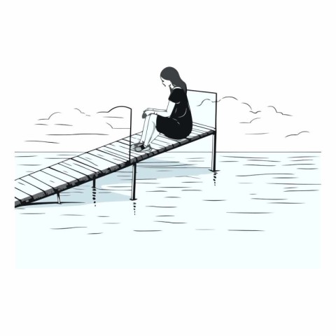 Girl sitting on a wooden pier on the lake.