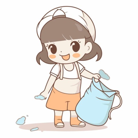 Cute little girl cleaning the house in cartoon style.