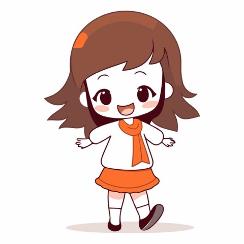 Cute cartoon little girl in orange dress and scarf.