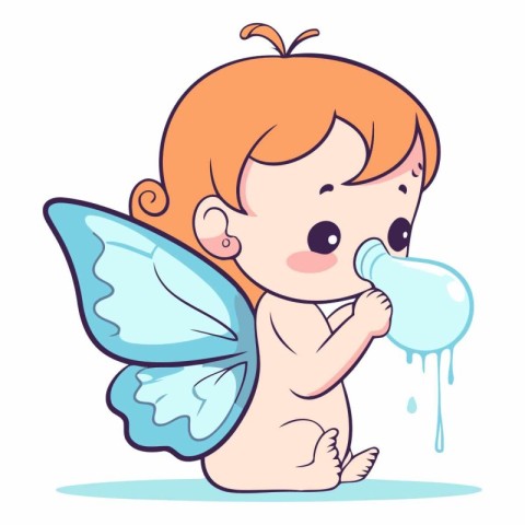 Cute little baby boy with butterfly wings drinking milk.