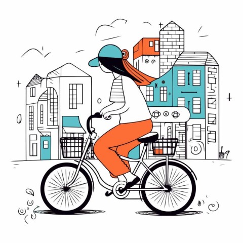 Vector illustration of a young woman riding a bicycle in the cit