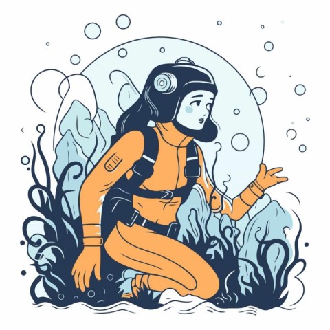 Illustration of a girl scuba diver sitting in the water.