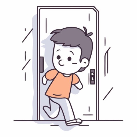 Cartoon boy in front of the door of a child in the doorway.