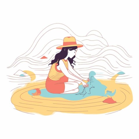 Vector illustration of a girl in a hat sitting on the sand.