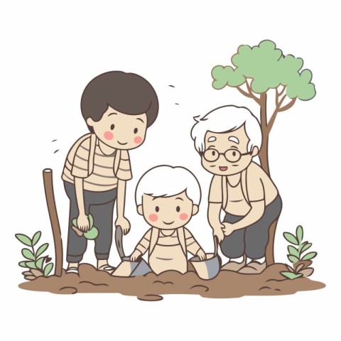 Grandfather and grandson planting together in the garden.