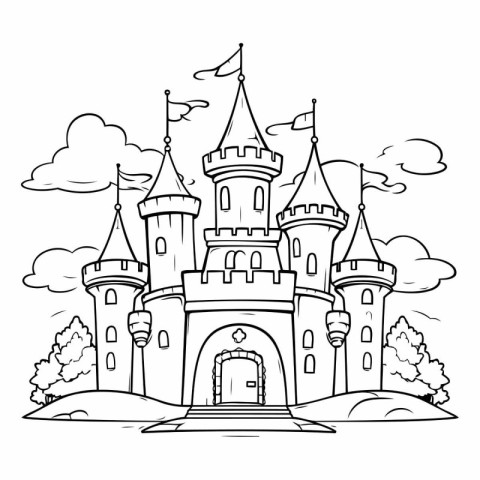 Fairytale castle. Black and white vector illustration for colori