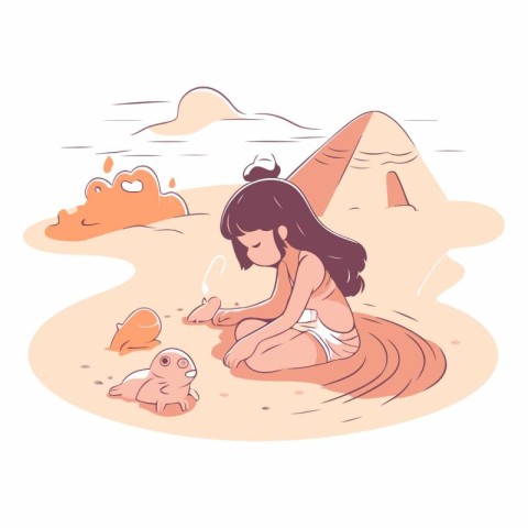 Little girl sitting on sand and playing with sea animals