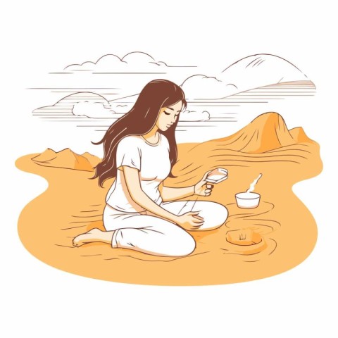 Young woman sitting on the beach and drinking tea.