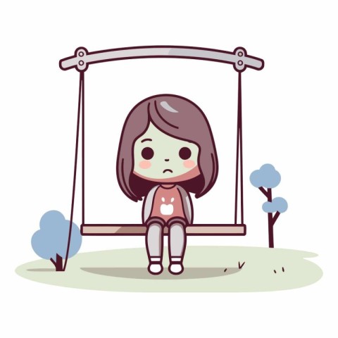 Cute little girl sitting on swing in cartoon style.