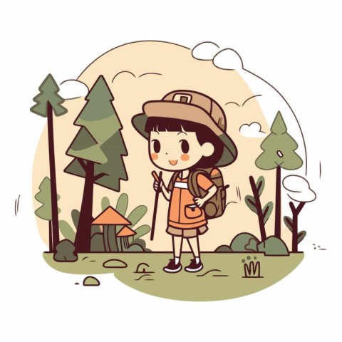 Little girl hiking in the forest in cartoon style.