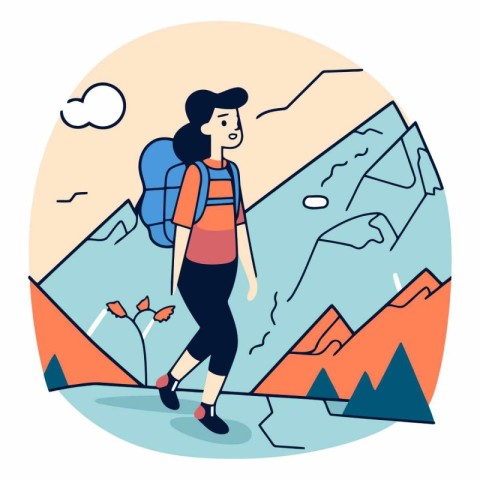 Hiking woman in mountains in flat cartoon style.