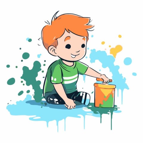 Cute little boy playing with paint and bucket.