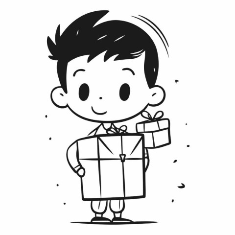 Boy holding a gift box. Black and white vector illustration in c