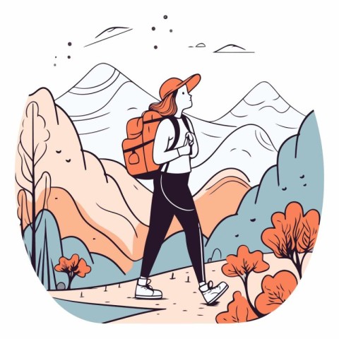 Vector illustration of a young woman with a backpack hiking in t