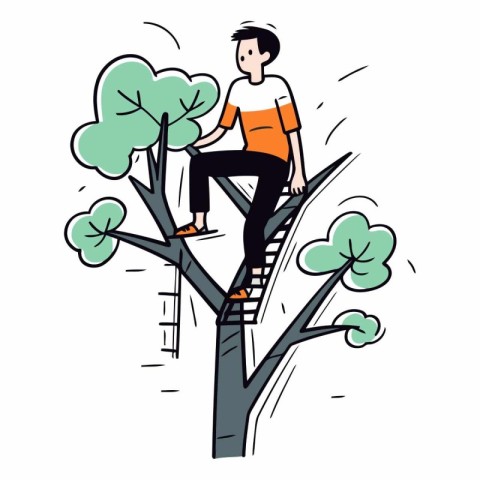 Young man climbing on a tree in cartoon style.