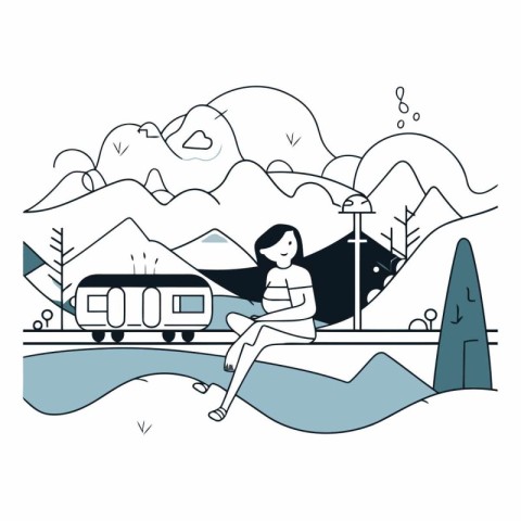 Vector illustration of a girl sitting on the river bank and look