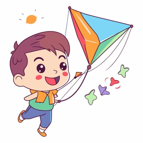 Cute boy flying a kite in cartoon style.