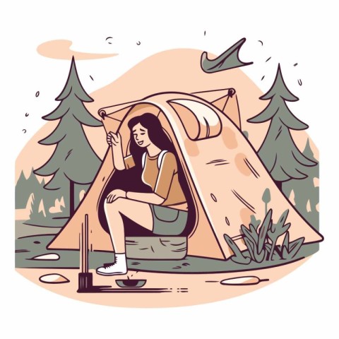 Young woman sitting in a tent at the campsite.