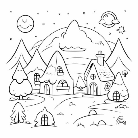 Cute cartoon houses in the mountains for coloring book.