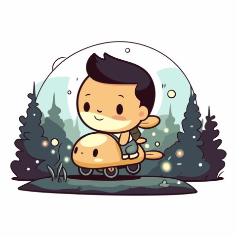 Boy riding a scooter in the park. Vector cartoon illustration.